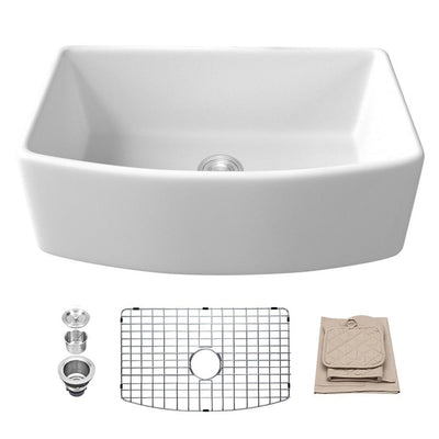 Fireclay 33 in. Single Bowl Porcelain Ceramic Farmhouse Apron-Front Kitchen Sink in White - Super Arbor