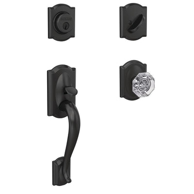 Custom Camelot Matte Black Single Cylinder Door Handleset with Alexandria Glass Door Knob with Camelot Trim - Super Arbor