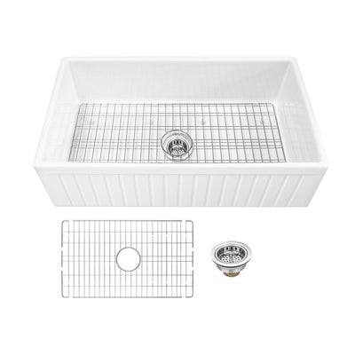 Farmhouse Apron Front Fireclay 33 in. Fluted Single Bowl Kitchen Sink in White with Grid and Strainer - Super Arbor