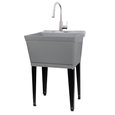 Complete 22.875 in. x 23.5 in. Grey 19 Gal. Utility Sink Set with Metal Hybrid Stainless Steel Pull-Down Faucet - Super Arbor