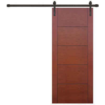 36 in. x 84 in. Contemporary Prefinished 5-Panel Flush Mahogany Wood Sliding Barn Door with Bronze Hardware Kit - Super Arbor
