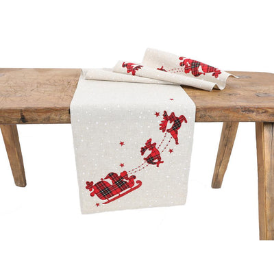 15 in. x 70 in. Applique Tartan Santa Sleigh With Reindeers Christmas Table Runner, Natural - Super Arbor