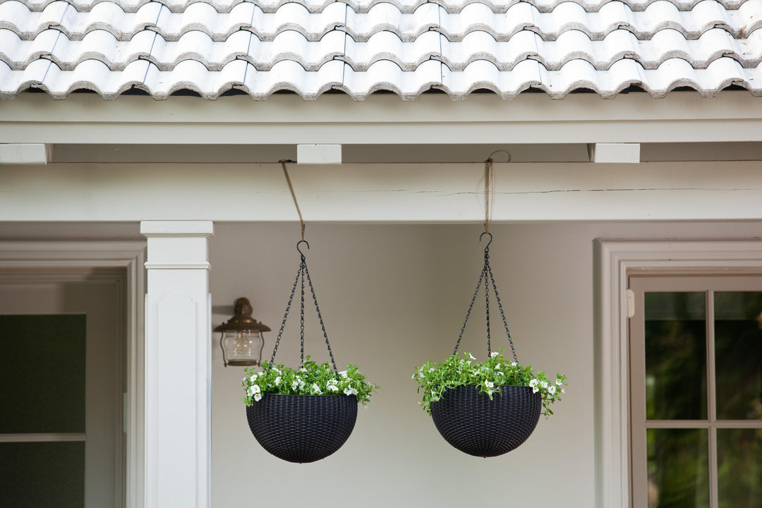 keter resin rattan set of 2 round hanging planter baskets Keter Round Resin 13.8" D Hanging Planters, 2 pack- Brown Rattan – Super Arbor