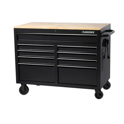 46 in. W 9-Drawer, Deep Tool Chest Mobile Workbench in Black with Hardwood Top