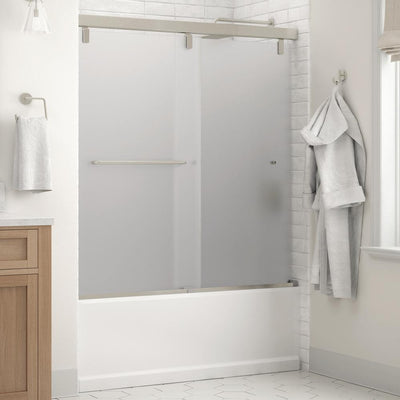 Simplicity 60 x 59-1/4 in. Frameless Mod Soft-Close Sliding Bathtub Door in Nickel with 1/4 in. (6mm) Niebla Glass - Super Arbor