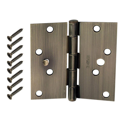 4 in. Antique Brass Square Corner Security Door Hinges Value Pack (3-Pack) - Super Arbor