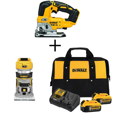 20-Volt MAX Li-Ion Cordless Brushless Jigsaw (Tool-Only) with Router (Tool-Only), 2 Battery 5 Ah, Charger and Bag - Super Arbor
