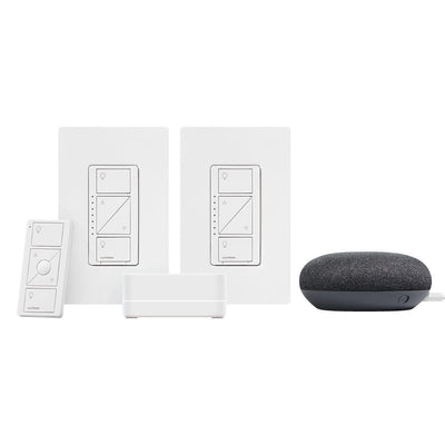 Caseta Wireless Smart Lighting Start Kit with Pico Remote, 2-Dimmer Switches, and Google Home Mini, Charcoal - Super Arbor