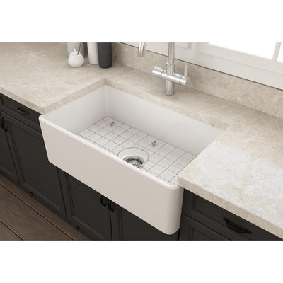 Farmhouse Apron-Front Fireclay 33 in. Single Bowl Kitchen Sink in White with Grid - Super Arbor