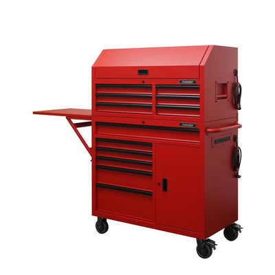 44 in. W 12-Drawer Deep Combination Tool Chest and Rolling Cabinet Set in Matte Red with Extended Side Table