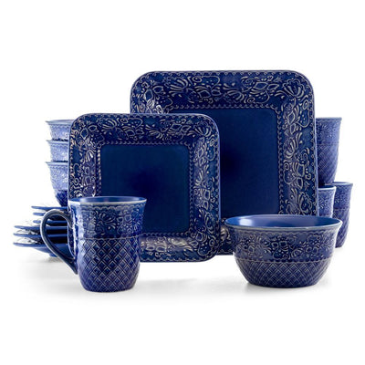 Indigo Lotus 16-Piece Traditional Blue Stoneware Dinnerware Set (Service for 4) - Super Arbor