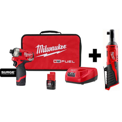 M12 FUEL SURGE 12-Volt Lithium-Ion Brushless Cordless 1/4 in. Hex Impact Driver Compact Kit w/ Free M12 3/8 in. Ratchet - Super Arbor