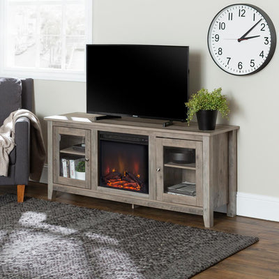 58 in. Wood Media TV Stand Console with Fireplace - Grey Wash - Super Arbor