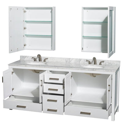 Wyndham Collection Sheffield 80-in White Double Sink Bathroom Vanity with White Carrara Marble Natural Marble Top (Mirror Included)
