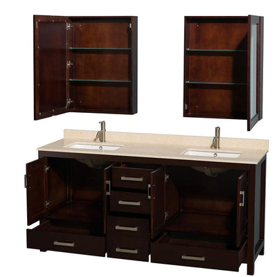 Wyndham Collection Sheffield 72-in Espresso Double Sink Bathroom Vanity with Ivory Marble Natural Marble Top (Mirror Included)