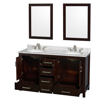 Wyndham Collection Sheffield 60-in Espresso Double Sink Bathroom Vanity with White Carrara Marble Natural Marble Top (Mirror Included)