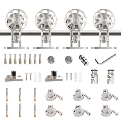 8 ft./96 in. Stainless Steel Sliding Spoke Wheel Barn Door Hardware Kit for Double Door with Non-Routed Floor Guide - Super Arbor