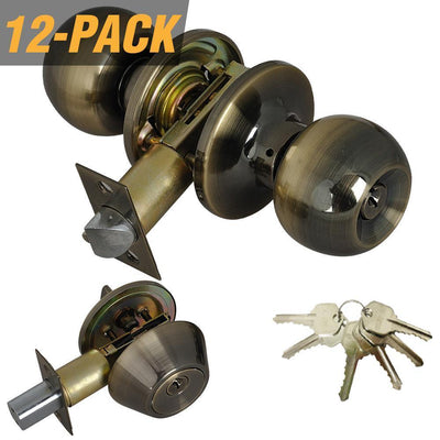 Antique Brass Entry Door Knob Combo Lockset with Deadbolt and 6-Keys, Keyed Alike (12-Pack) - Super Arbor