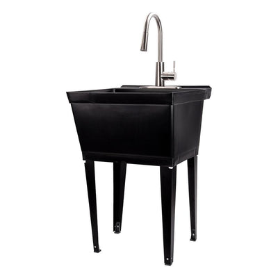 Complete 22.875 in. x 23.5 in. Black 19 Gal. Utility Sink with Metal Hybrid Stainless Steel High Arc Pull-Down Faucet - Super Arbor