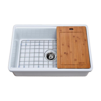 Tosca Farmhouse Fireclay 30 in. Single Bowl Kitchen Sink in White with Cutting-Board, Bottom Grid and Strainer - Super Arbor