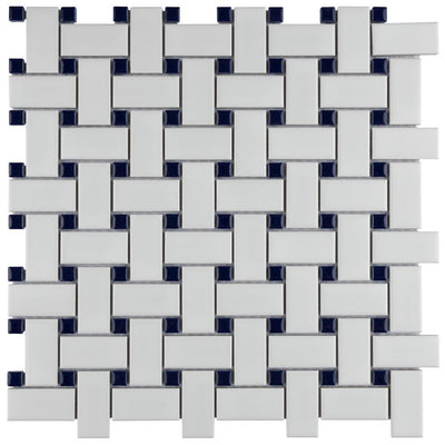 Merola Tile Metro Basketweave Matte White with Cobalt Dot 11-3/4 in. x 11-3/4 in. Porcelain Mosaic Tile (19.58 sq. ft./Case) - Super Arbor
