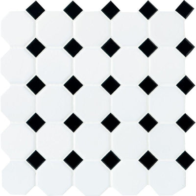 Daltile Octagon and Dot Matte White with Black Dot 12 in. x 12 in. x 6 mm Ceramic Mosaic Floor and Wall Tile (1 sq. ft./ piece) - Super Arbor
