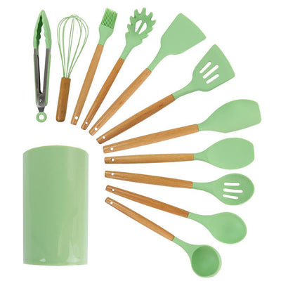 Mint Green Silicone and Wood Cooking Utensils (Set of 12) - Super Arbor