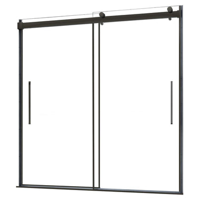 Lagoon 60 in. W x 63 in. H Semi-Frameless Sliding Bathtub Door in Matte Black with Vertical Handle - Super Arbor