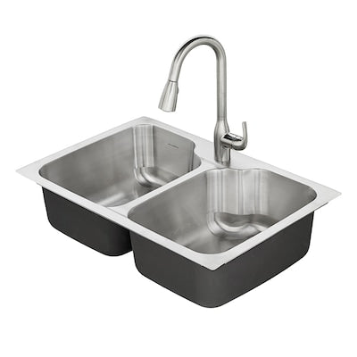 American Standard Tulsa 33-in x 22-in Stainless Steel Double Equal Bowl Drop-In or Undermount 1-Hole Residential Kitchen Sink All-in-One Kit