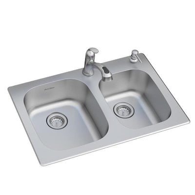 American Standard Sullivan 33-in x 22-in Stainless Steel Double Offset Bowl Drop-In 2-Hole Residential Kitchen Sink All-in-One Kit