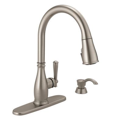 Charmaine Single-Handle Pull-Down Sprayer Kitchen Faucet with Soap Dispenser and ShieldSpray Technology in Stainless - Super Arbor