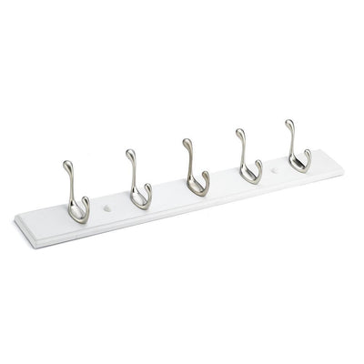 Hook Rack 24 in. Wood White Board with 5 Brushed Nickel Hooks - Super Arbor