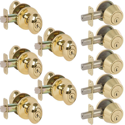 Carlyle Polished Brass Knob Combo Pack Callan Polished Brass Single Cylinder Deadbolts Combo Pack All Keyed Alike - Super Arbor