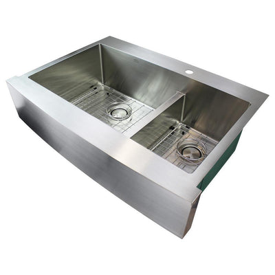 Diamond Farmhouse/Apron-Front Stainless Steel 36 in. 1-Hole Double Offset Bowl Kitchen Sink in Brushed - Super Arbor