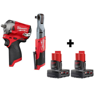 M12 FUEL 12-Volt Lithium-Ion Brushless Cordless Stubby 3/8 in. Impact Wrench & 1/2 in. Ratchet with Two 3.0Ah Batteries - Super Arbor