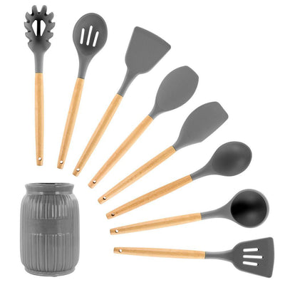 Gray Silicone and Wood Cooking Utensils (Set of 9) - Super Arbor