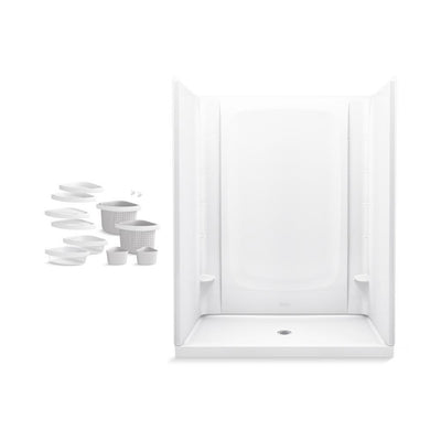 STORE+ 60 in. x 34 in. Single Threshold Center Drain Shower Base with Shower Walls and 12-Piece Accessory Kit in White - Super Arbor