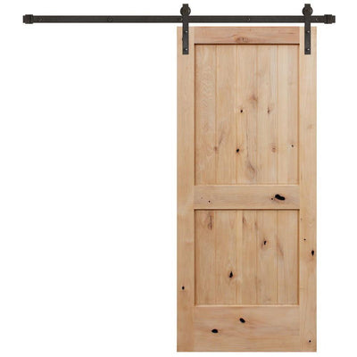 36 in. x 84 in. Rustic 2-Panel V-Groove Unfinished Knotty Alder Wood Interior Barn Door with Bronze Hardware - Super Arbor