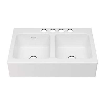 Delancey Farmhouse Apron Front Cast Iron 36 in. 4-Hole Double Bowl Kitchen Sink in Brilliant White - Super Arbor