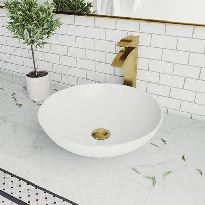 VIGO Lotus Matte Stone Vessel Bathroom Sink in White with Duris Faucet in Matte Gold - Super Arbor