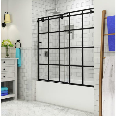 Kamaya 56 - 60 in. x 60 in. Completely Frameless Sliding Tub Door in Matte Black, Left Opening - Super Arbor