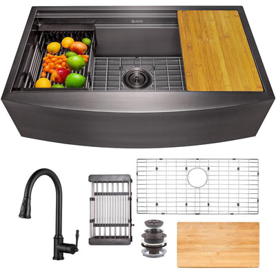 All-in-One Matte Black Finished Stainless Steel 30 in. x 20 in. Farmhouse Apron Mount Kitchen Sink with Pull-down Faucet - Super Arbor