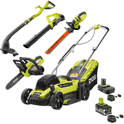 RYOBI 13 in. ONE+ 18-Volt Lithium-Ion Walk Behind Push Lawn Mower/Blower/Chainsaw/Hedge/String Trimmer Kit (5-Tool)