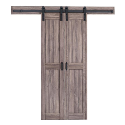 36 in. x 84 in. Taupe MDF Solid Core Bi-Parting Design Interior Sliding Barn Door with Modern Rustic Hardware Kit - Super Arbor