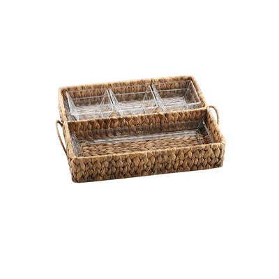 Garden Terrace Dbl.Tray Server. Glass Tray 12.25"L, 5"W, 1"H, 3-Glass Bowls 3.75"sq.Water Hyacinth Holder, Gift Box - Super Arbor