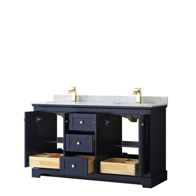 Wyndham Collection Avery 60-in Dark Blue Double Sink Bathroom Vanity with White Carrara Marble Natural Marble Top