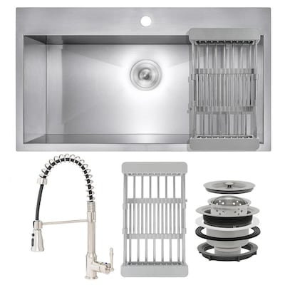 AKDY All-in-One 33-in x 22-in Brushed Stainless Steel Single Bowl Drop-In 1-Hole Residential Kitchen Sink All-in-One Kit