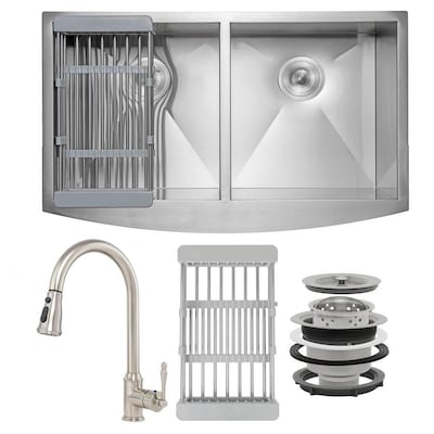 AKDY All-in-One 33-in x 22-in Brushed Stainless Steel Double Equal Bowl Tall (8-in or Larger) Undermount Apron Front/Farmhouse Residential Kitchen Sink All-in-One Kit