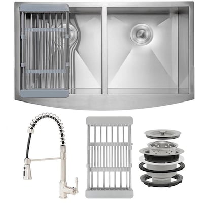 AKDY All-in-One 33-in x 22-in Brushed Stainless Steel Double Equal Bowl Tall (8-in or Larger) Undermount Apron Front/Farmhouse Residential Kitchen Sink All-in-One Kit