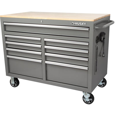 46 in. W 9-Drawer, Deep Tool Chest Mobile Workbench in Gloss Gray with Hardwood Top